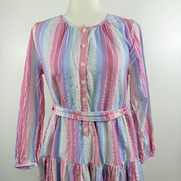J Crew Veda Pastel Stripe Metallic Thread 100% Cotton Belted Dress Small Pockets - Picture 3 of 13
